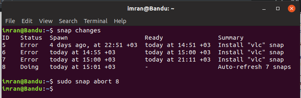 linux command snap changes